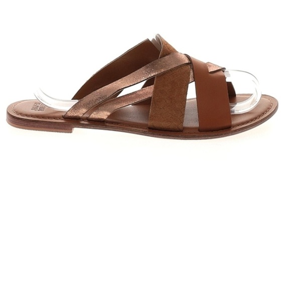 Anthropologie JASPER & JEERA Leather Brown & Metallic Gold Strap Slip On - Picture 3 of 11